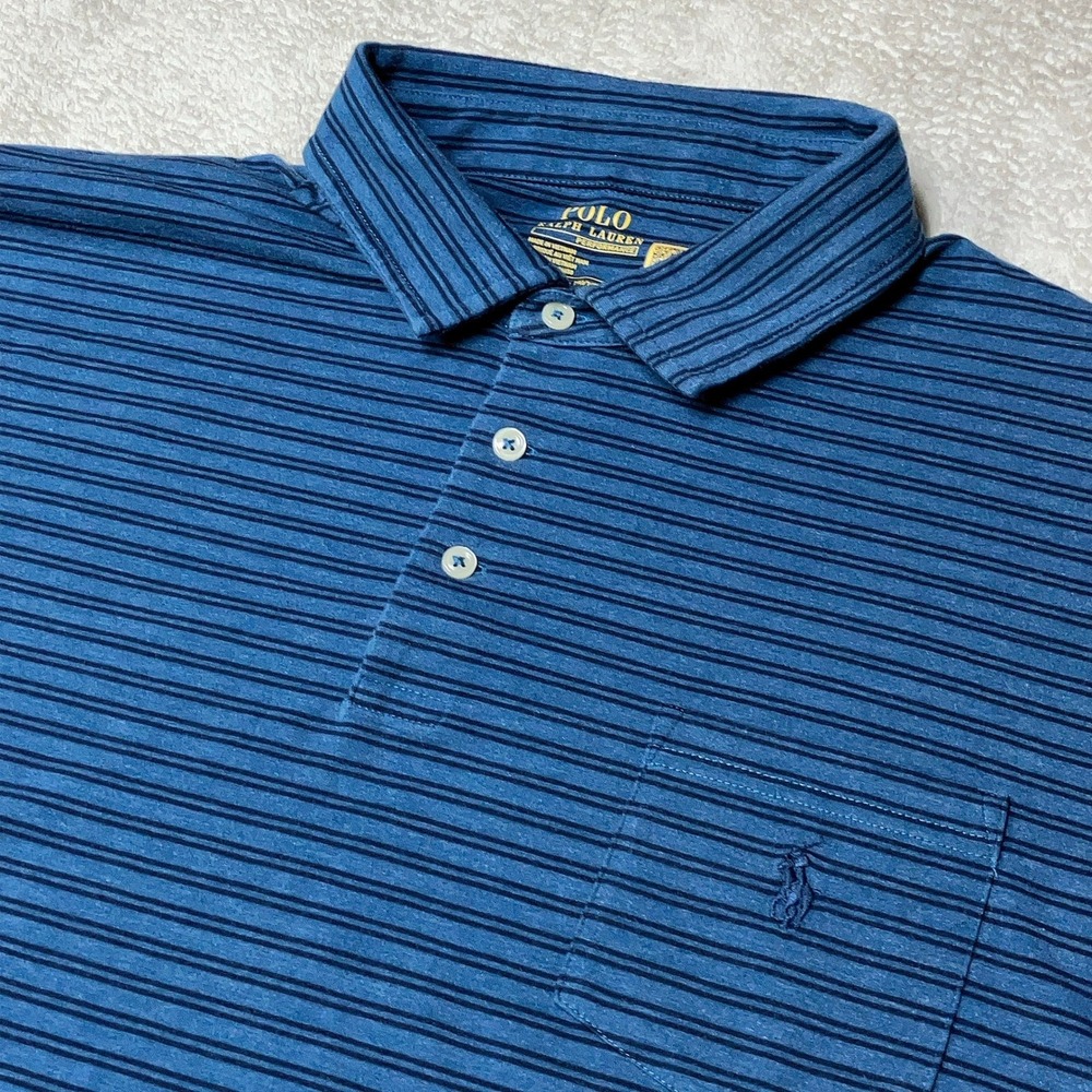 Polo Ralph Lauren Performance Blue Striped Pocket Polo Shirt Mens XXL 2XL